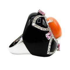 Coral Onyx Pink Sapphire Diamond Gold Ring 11