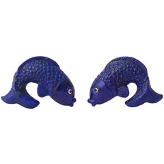 Michael Kanners Carved Lapis and Gold Fish Cufflinks