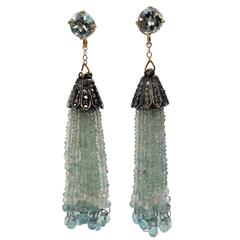 Aquamarine Gold Dangle Tassel Earrings with Diamond Silver Cup