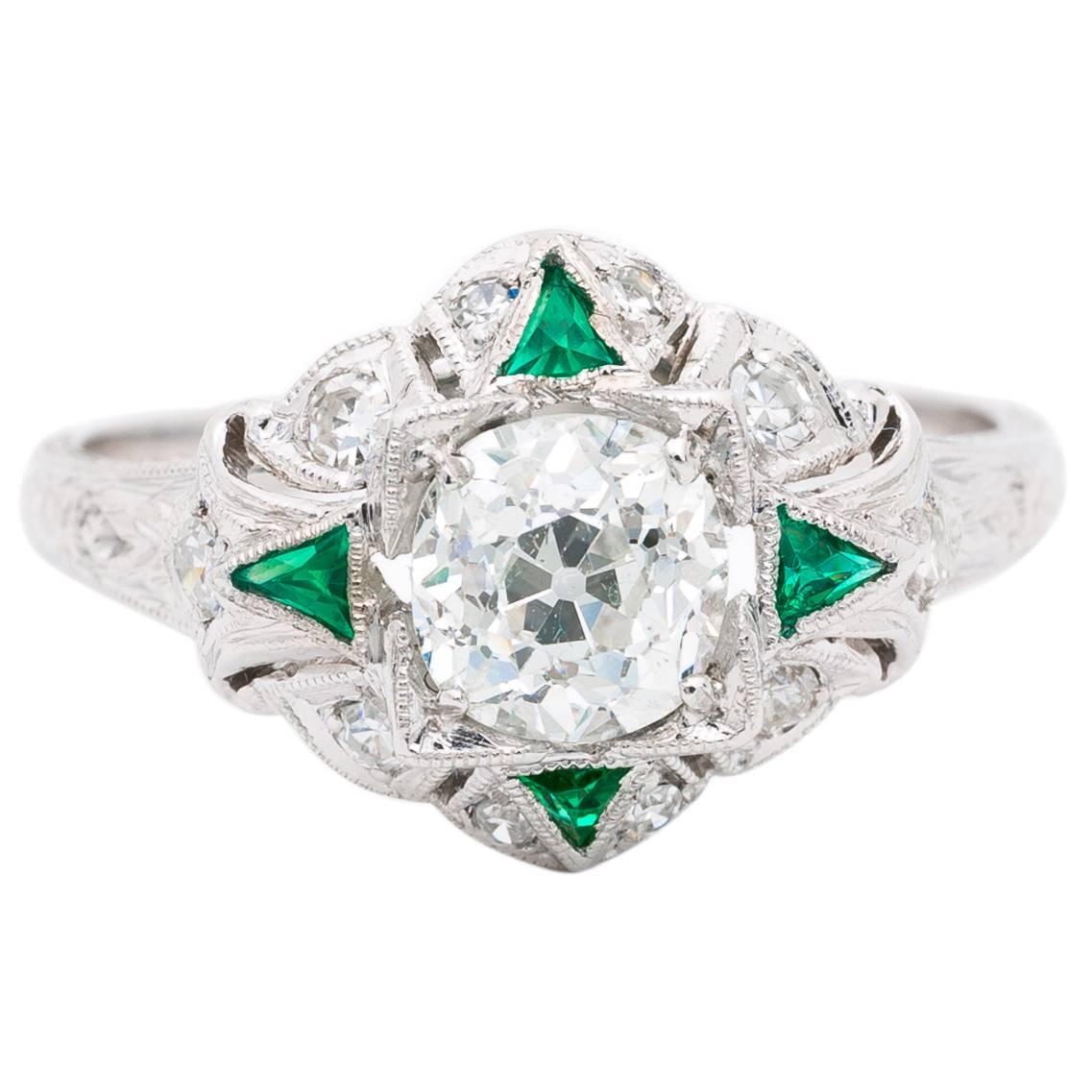Art Deco 0.95 Carat GIA Certified Emerald Diamond Platinum Ring For Sale