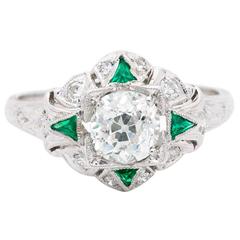 Art Deco 0.95 Carat GIA Certified Emerald Diamond Platinum Ring