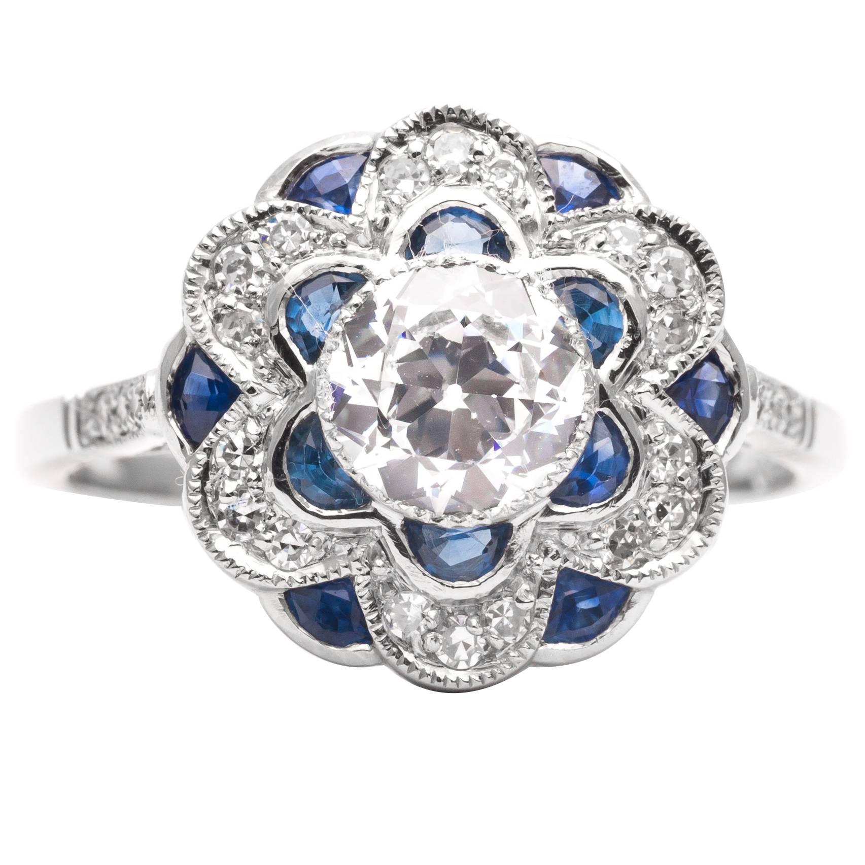 Floral 0.80 Carat Diamond Sapphire Platinum Engagement Ring For Sale
