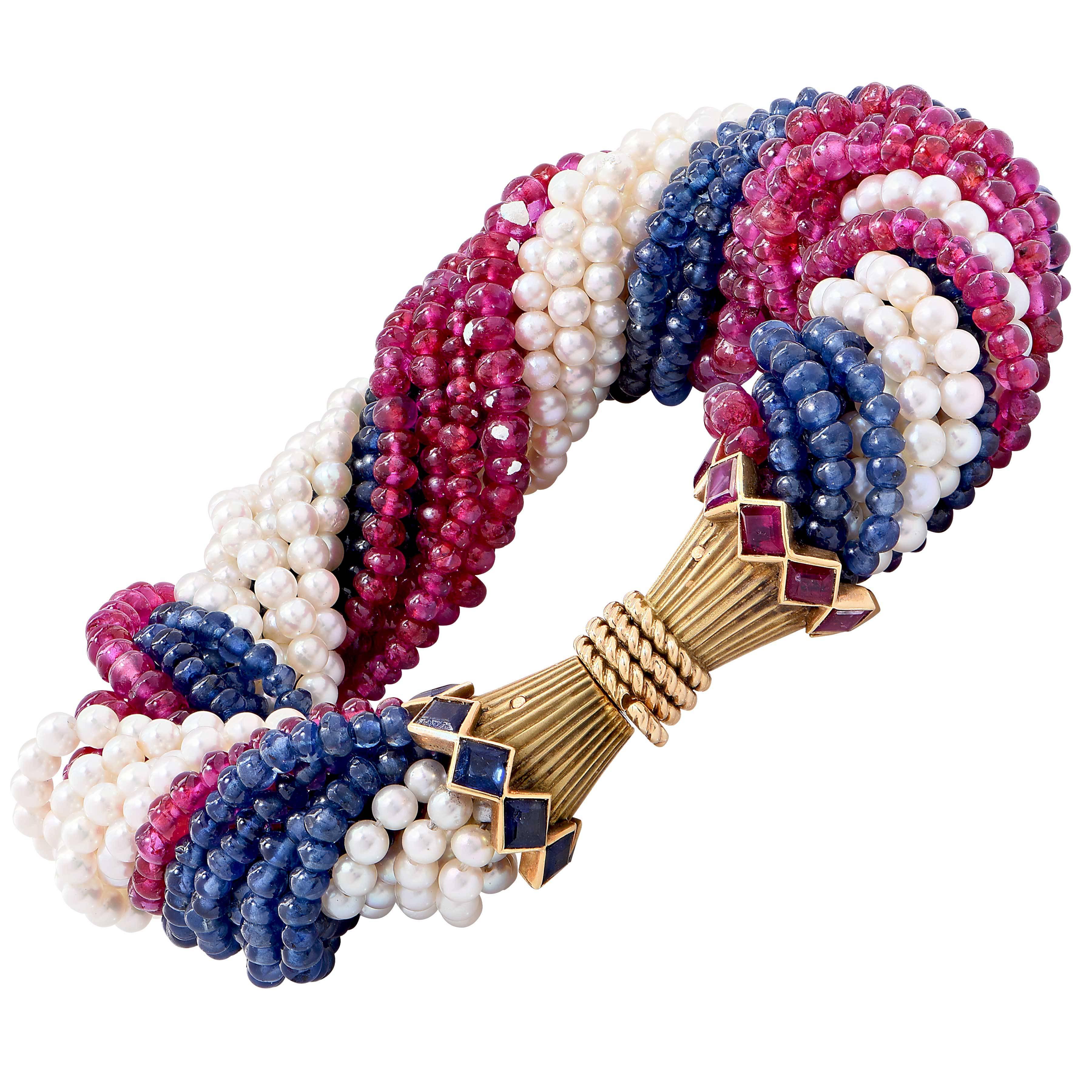 Marchak Paris Sapphire Ruby Pearl Gold Torsade Bracelet For Sale