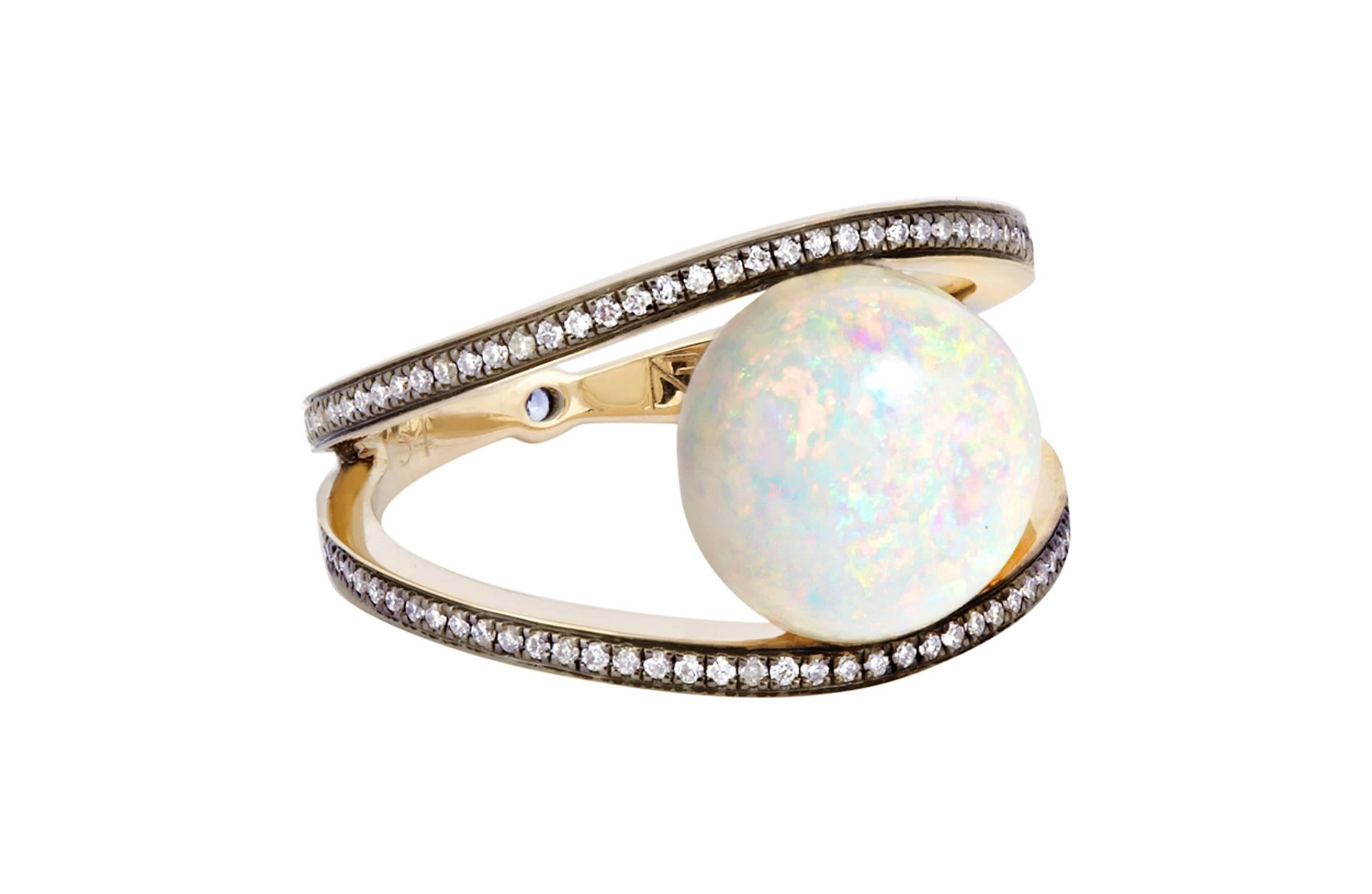 18K Grey Gold Rhombus Cocktail Ring with Opal and White Diamonds For Sale 1