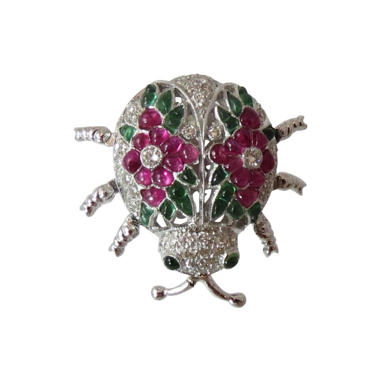 Fabulous Emerald Ruby Diamond Gold Beetle Pin