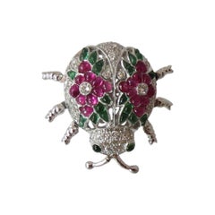 Vintage Fabulous Emerald Ruby Diamond Gold Beetle Pin