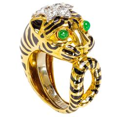 David Webb Emerald Diamond Gold Platinum Tiger Ring 