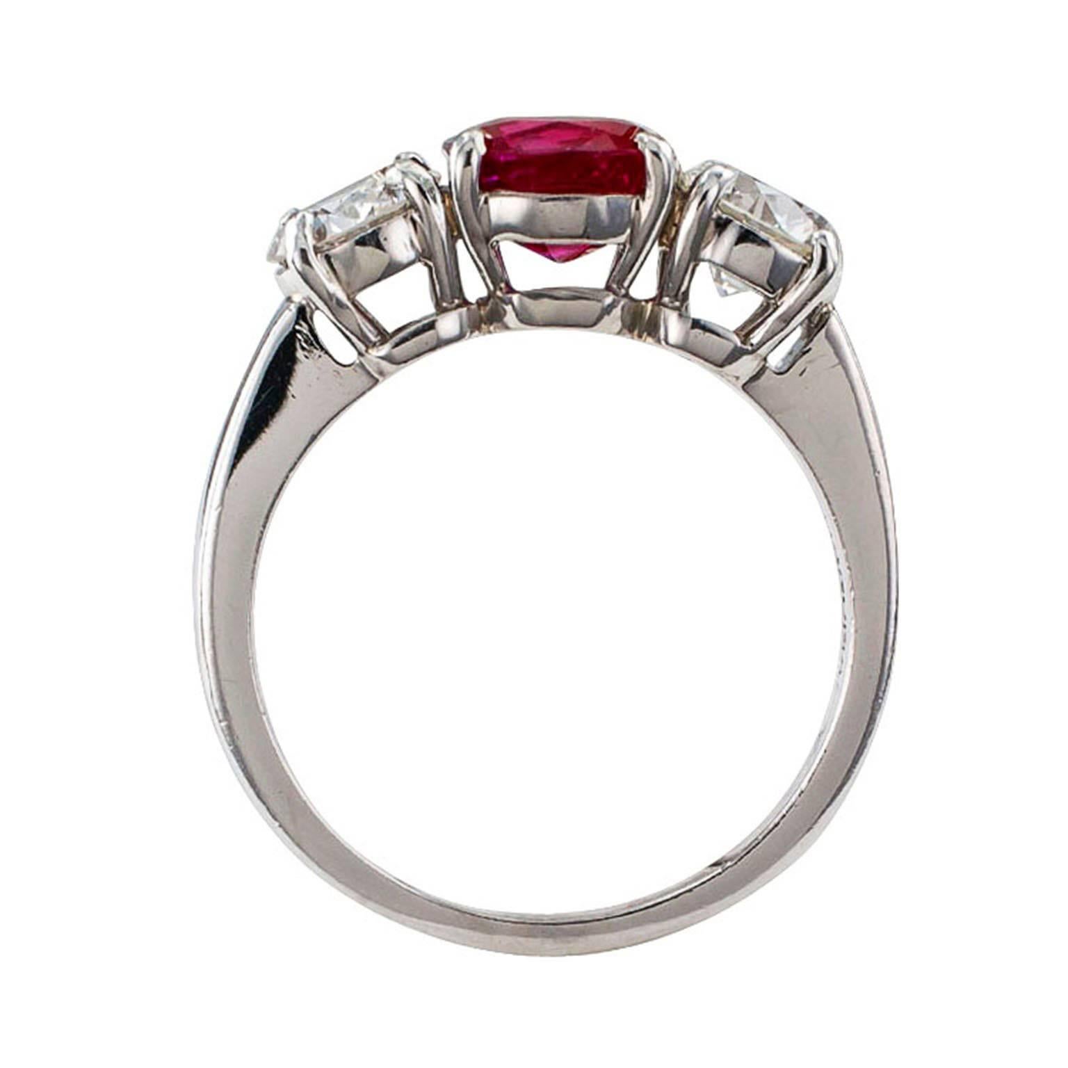 Unheated Burma Ruby Diamond Platinum Three-Stone Ring 1