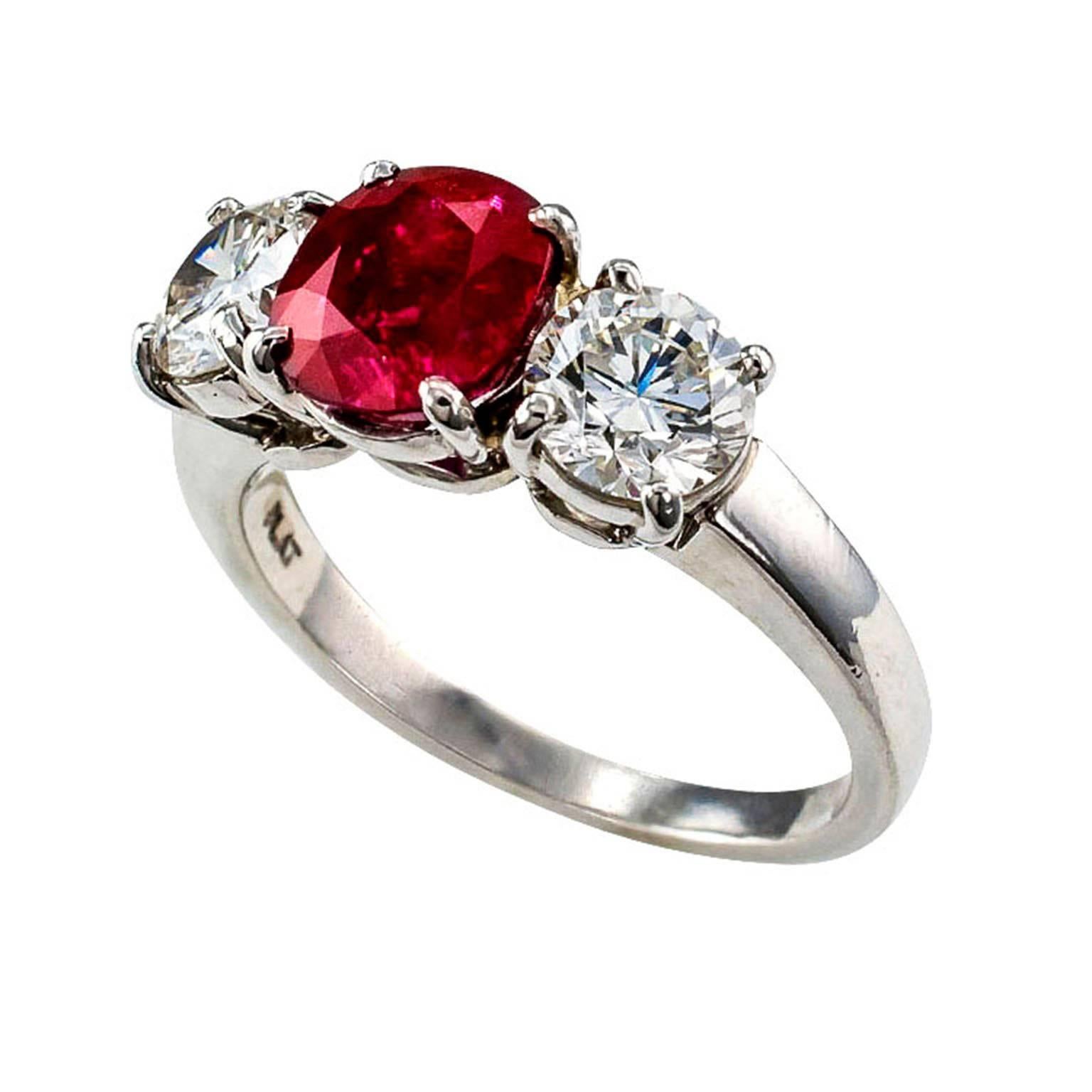 Women's or Men's Unheated Burma Ruby Diamond Platinum Three-Stone Ring