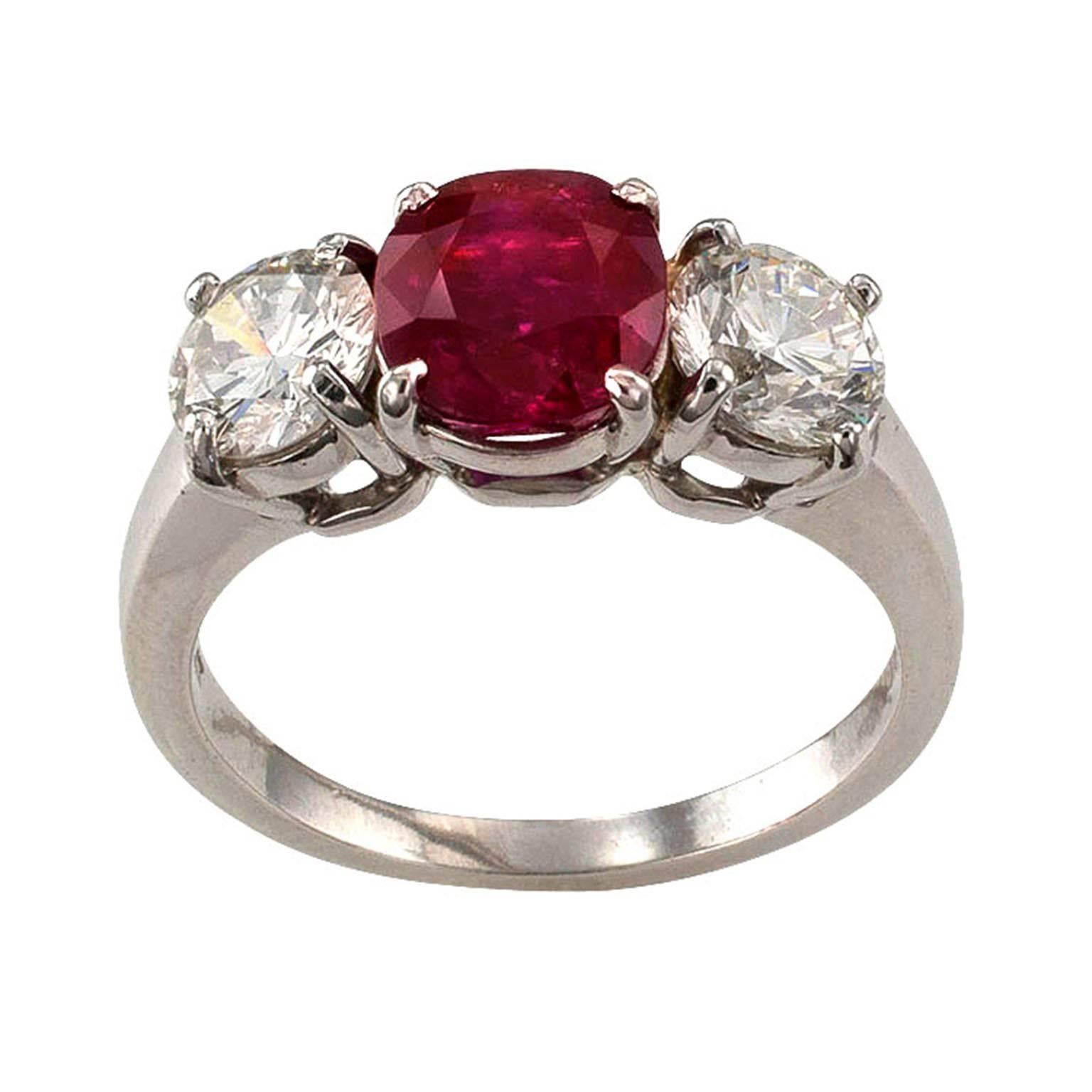 Unheated Burma Ruby and Diamond Three-Stone Ring

It doesn't get any more traditional than a simple three-stone platinum ring, as a rule, inherently beautiful. But things get even more exciting when that same three-stone ring becomes the vehicle for