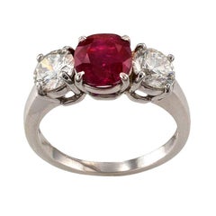 Unheated Burma Ruby Diamond Platinum Three-Stone Ring