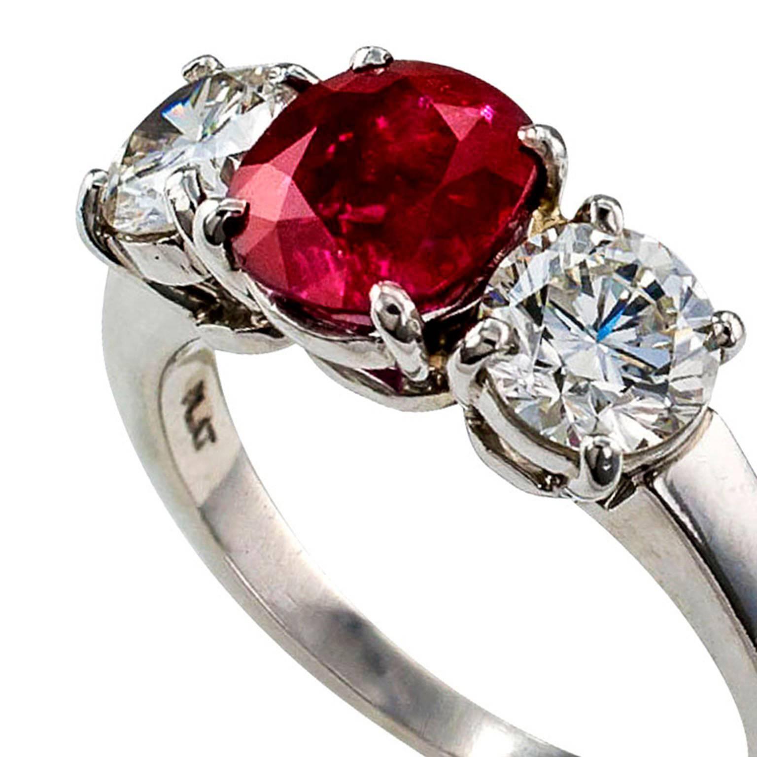 Modern Unheated Burma Ruby Diamond Platinum Three-Stone Ring