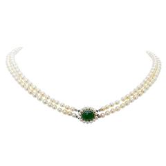 Cartier Halskette mit Naturperlen und Jade als Verschluss