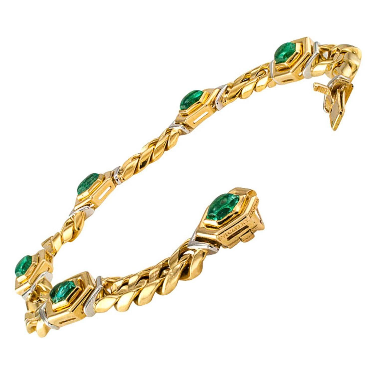 Bulgari Emerald Gold Platinum Link Bracelet 1