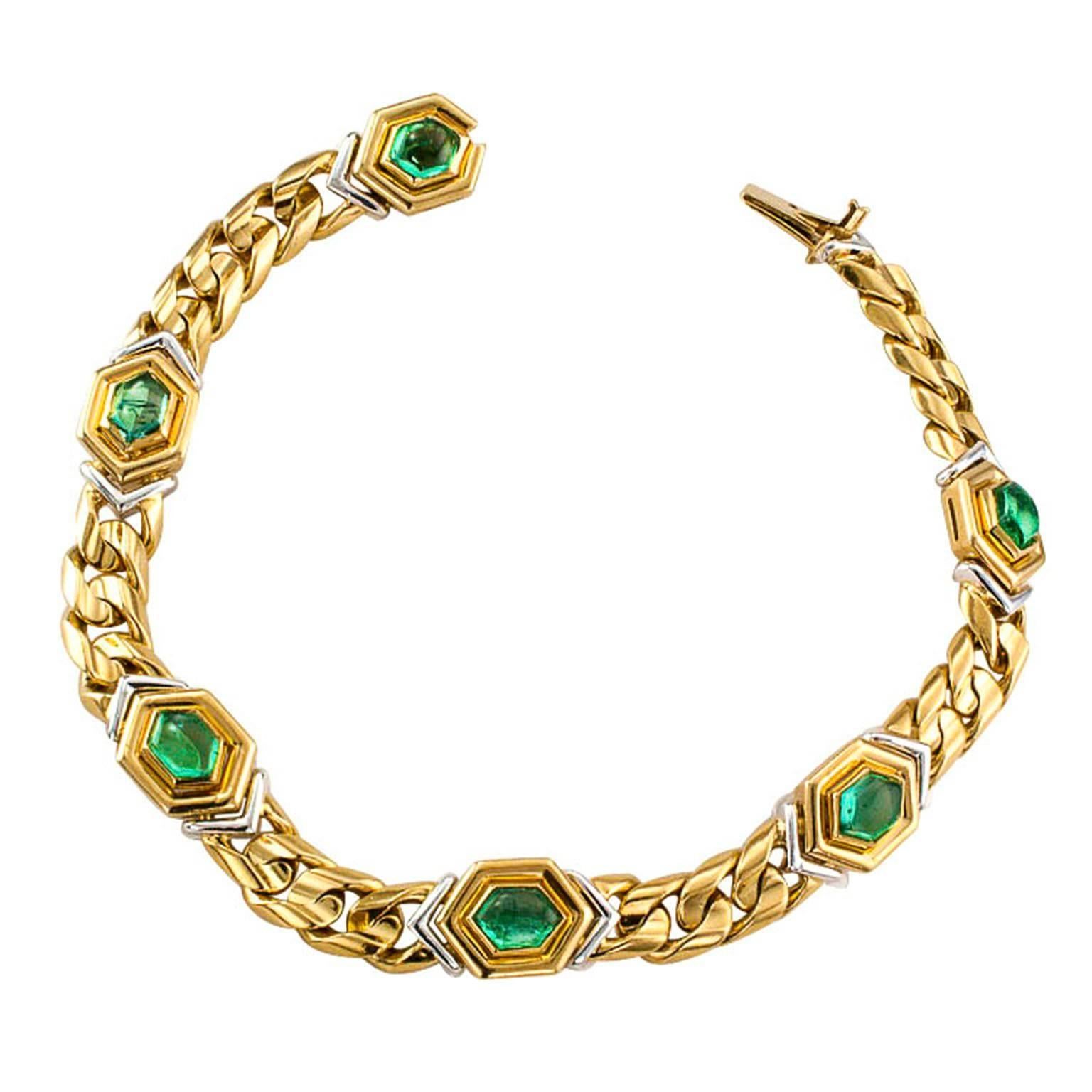 Modern Bulgari Emerald Gold Platinum Link Bracelet