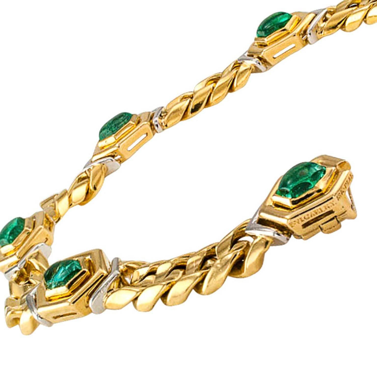 Bulgari Emerald Gold Platinum Link Bracelet In Excellent Condition In Los Angeles, CA