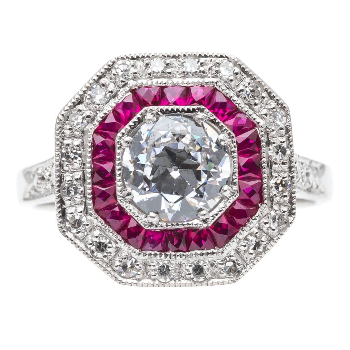 Double Halo Ruby and Diamond Engagement Ring in Platinum For Sale