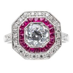 Double Halo Ruby and Diamond Engagement Ring in Platinum
