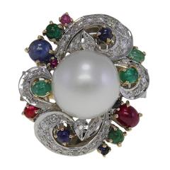 Retro Luise  Pearl Sapphire Ruby Emerald Diamond & Gold Ring