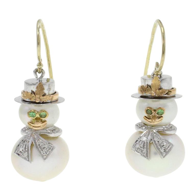 Pearl And Diamond Gold Snowman Earrings At 1stdibs Pearl Diamond Gold Snowman Earrings For
