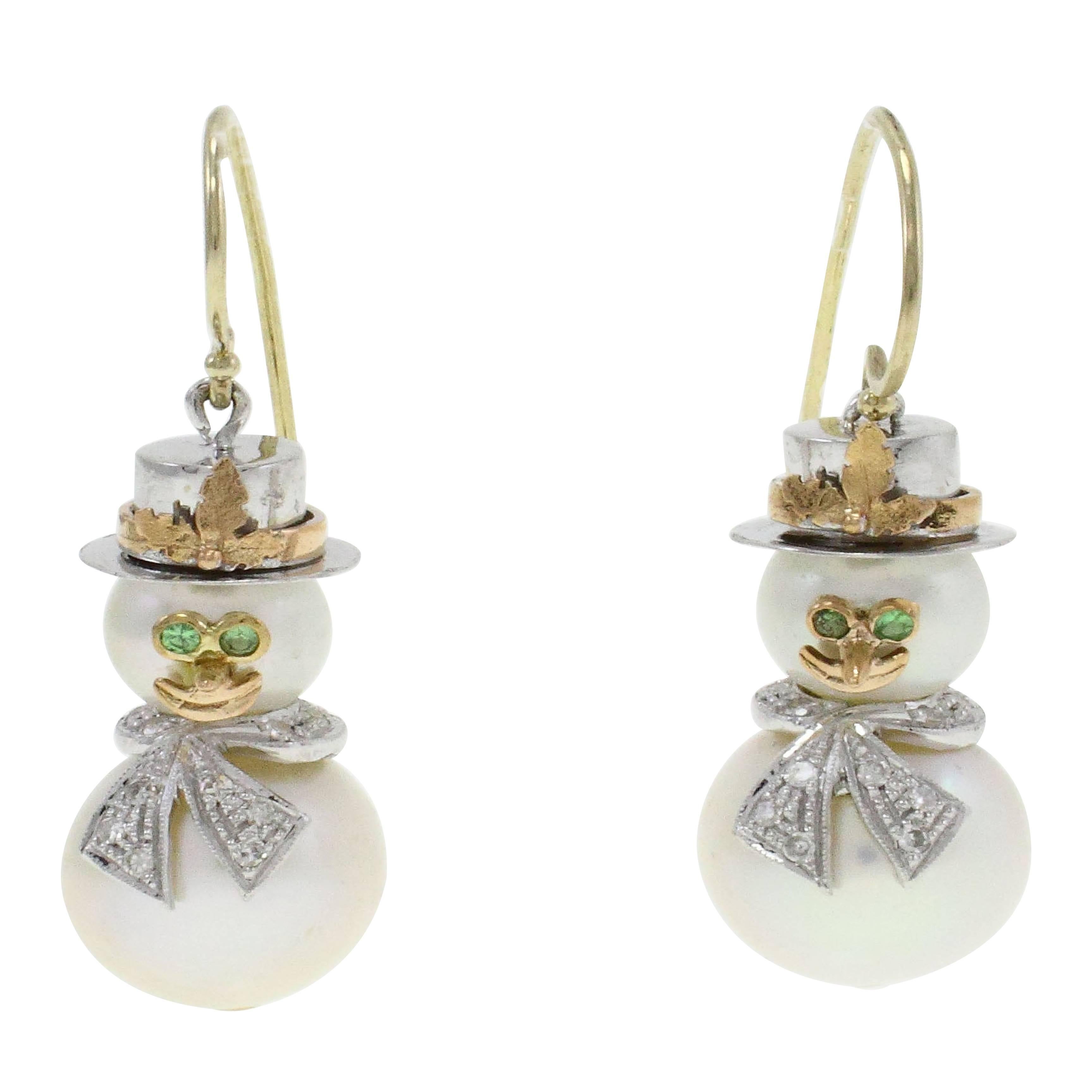 Pearl &  Diamond Gold Snowman Earrings 