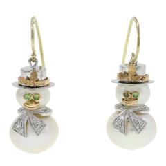 Vintage Pearl &  Diamond Gold Snowman Earrings 