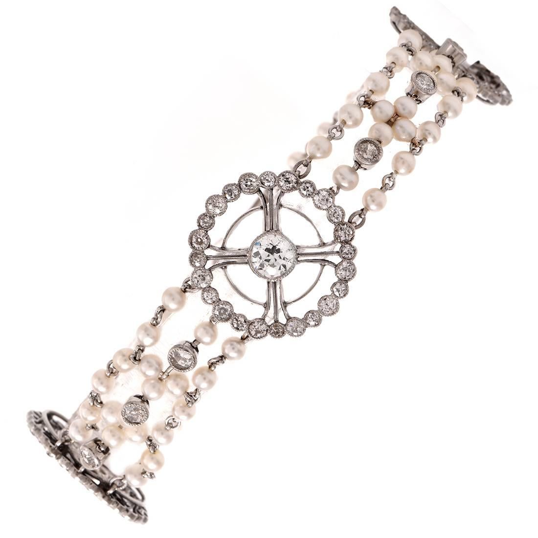 Art Deco Seed Pearl Diamond Platinum Bracelet