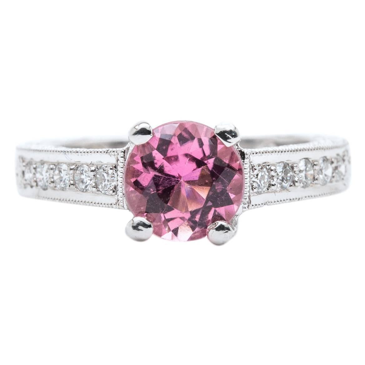 1.20 Carat Hand Engraved Pink Tourmaline Diamond Platinum Ring