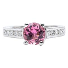 Vintage 1.20 Carat Hand Engraved Pink Tourmaline Diamond Platinum Ring