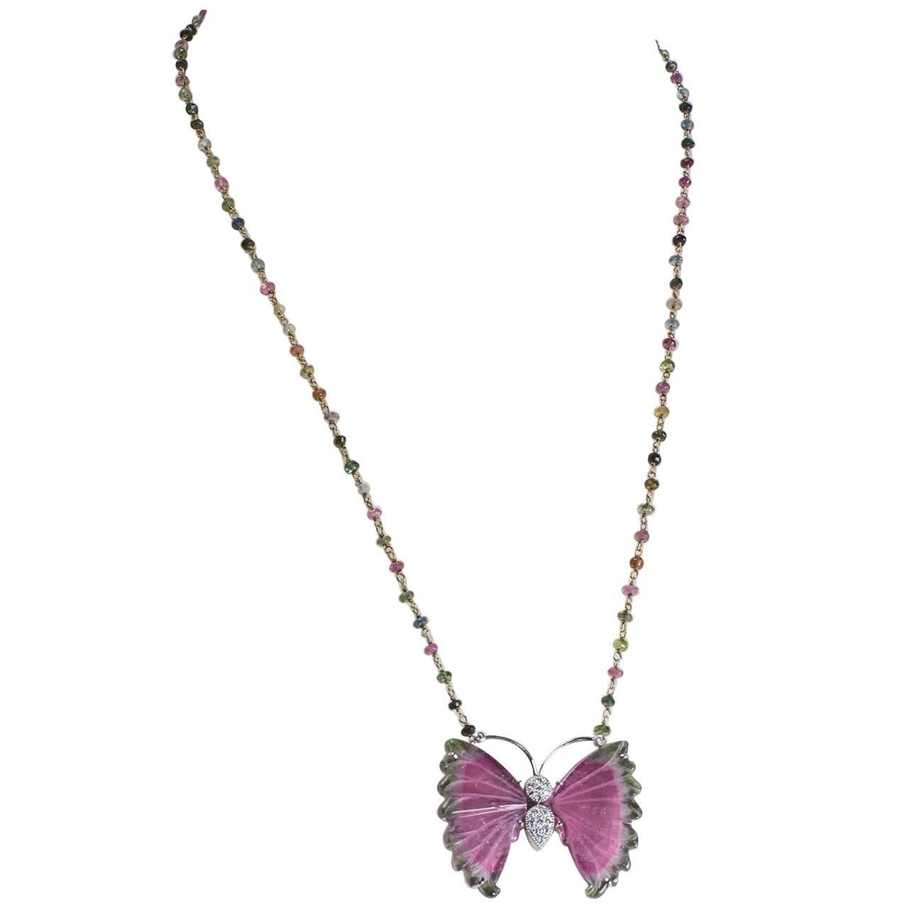 Beautiful Watermelon Tourmaline and Diamond Butterfly Gold Necklace