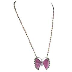 Vintage Beautiful Watermelon Tourmaline and Diamond Butterfly Gold Necklace