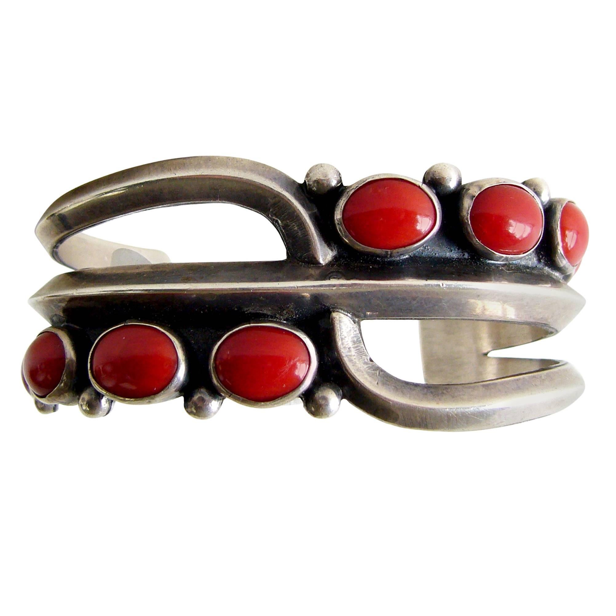 Red Coral Sterling Silver Navajo Cuff Bracelet