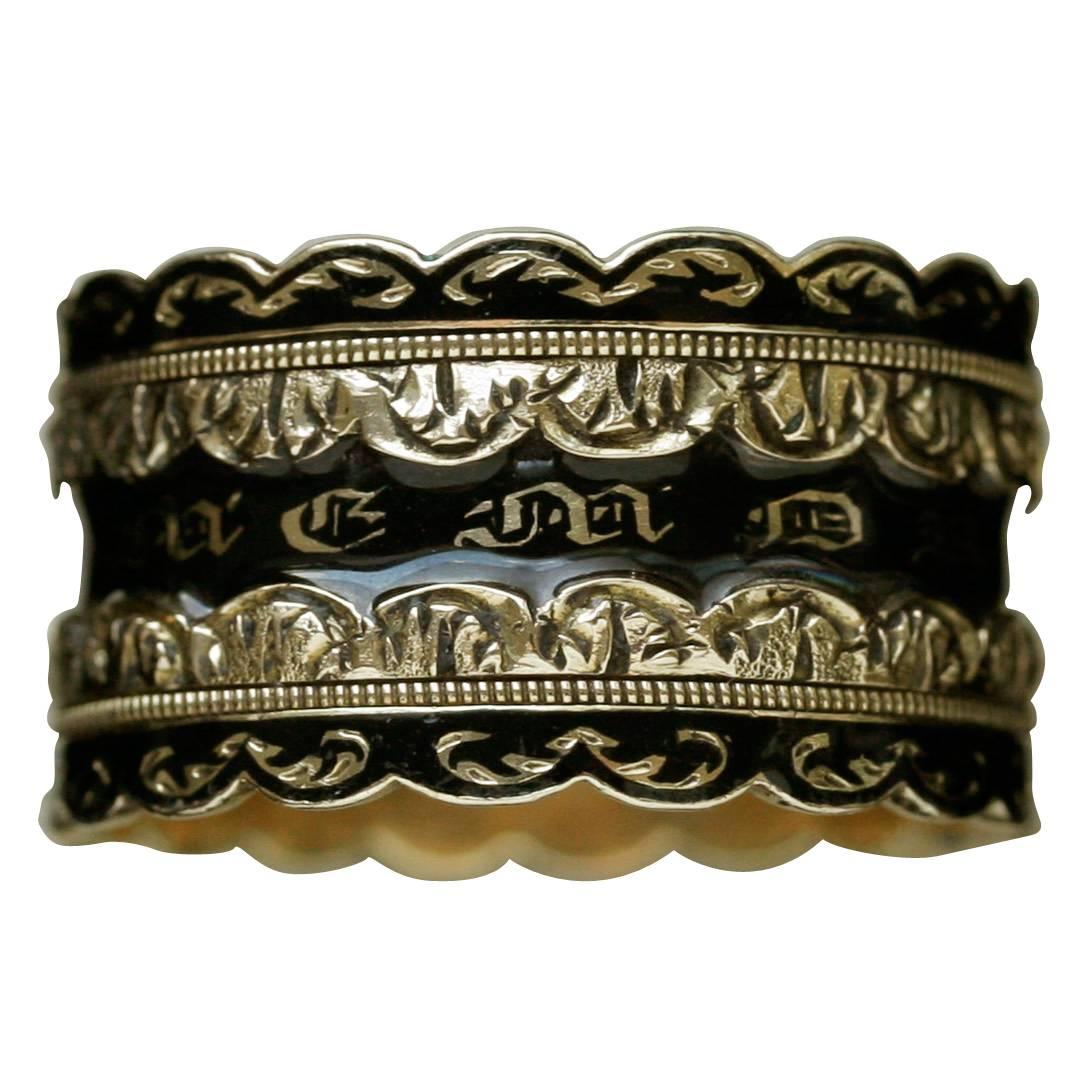 Black Enamel Wide Mourning Ring For Sale