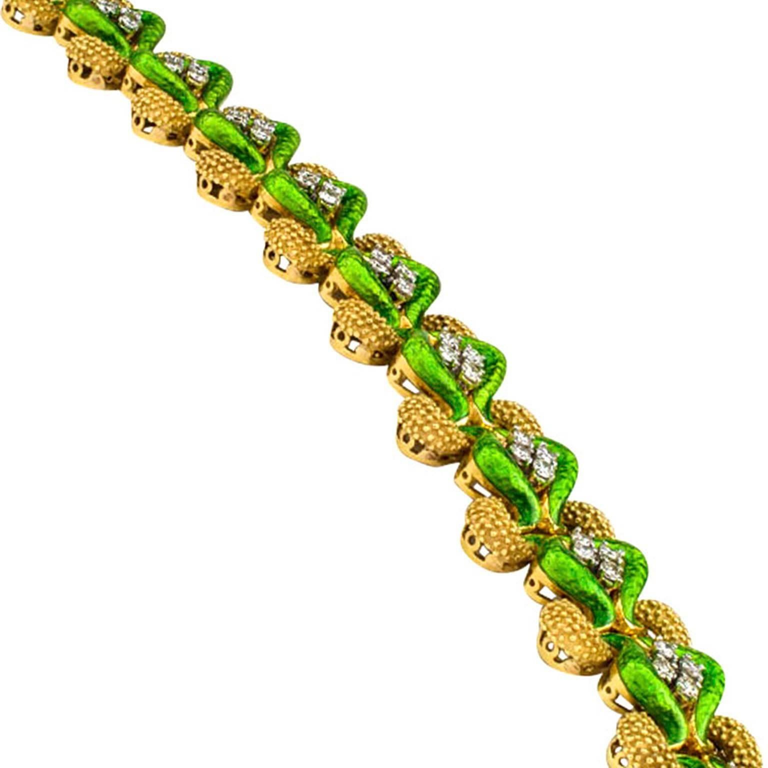 1970's La Triomphe Pistachio Green Enamel Gold and Diamond Link Bracelet.
Eye candy straight out of the last quarter of the twentieth century.  Links composed from carefully arranged organic shapes decorated with applied granulation and pistachio