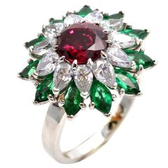 Unheated 2.76 Carats Ruby Emerald Diamond Gold Star Cluster Ring 11