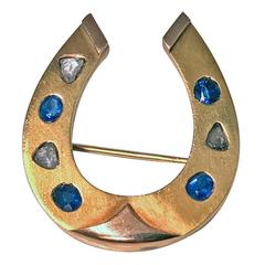 1870s Sapphire Diamond Gold Horseshoe Pin Brooch