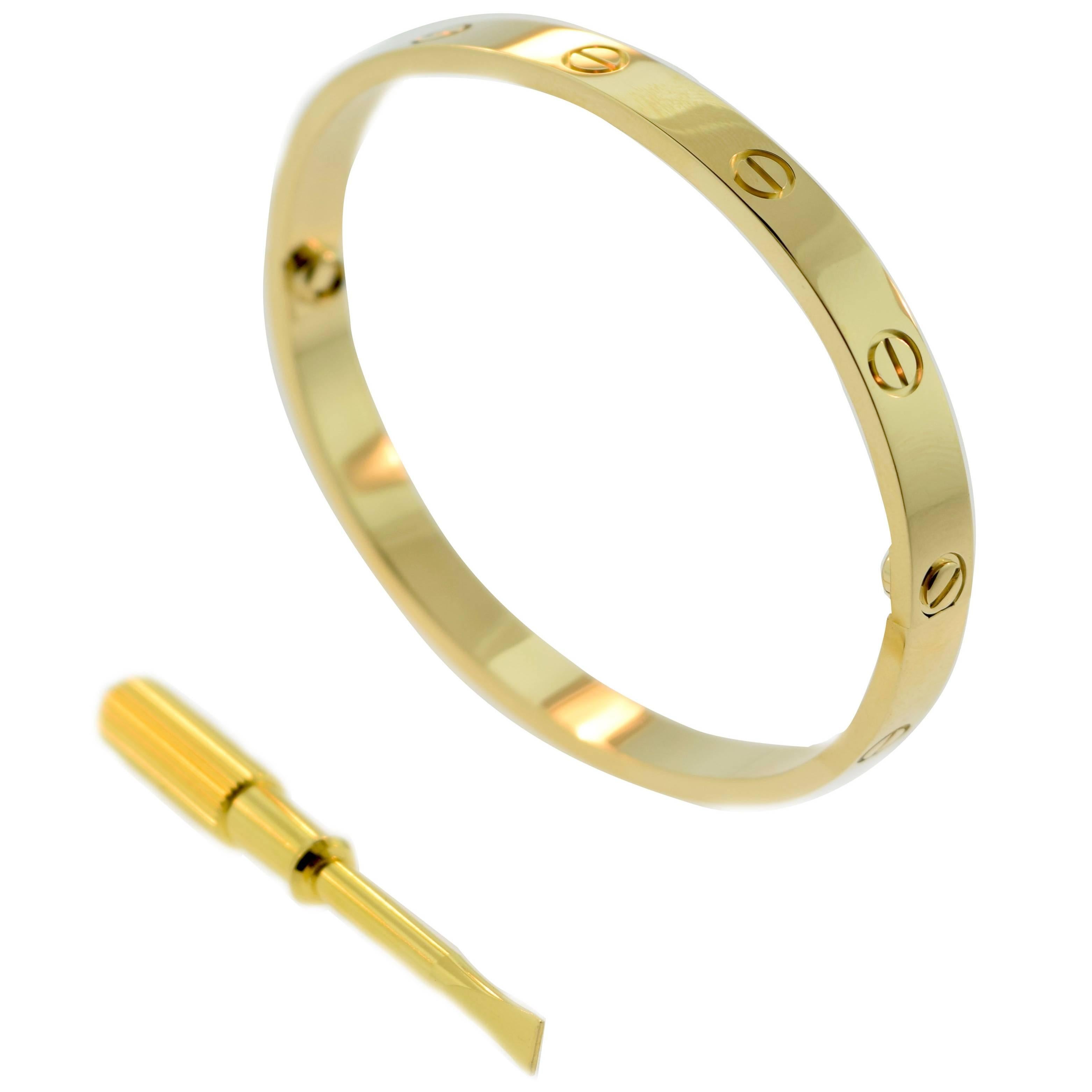 Cartier Yellow Gold LOVE Bangle, Size 18 with box, certificate, & New screw For Sale