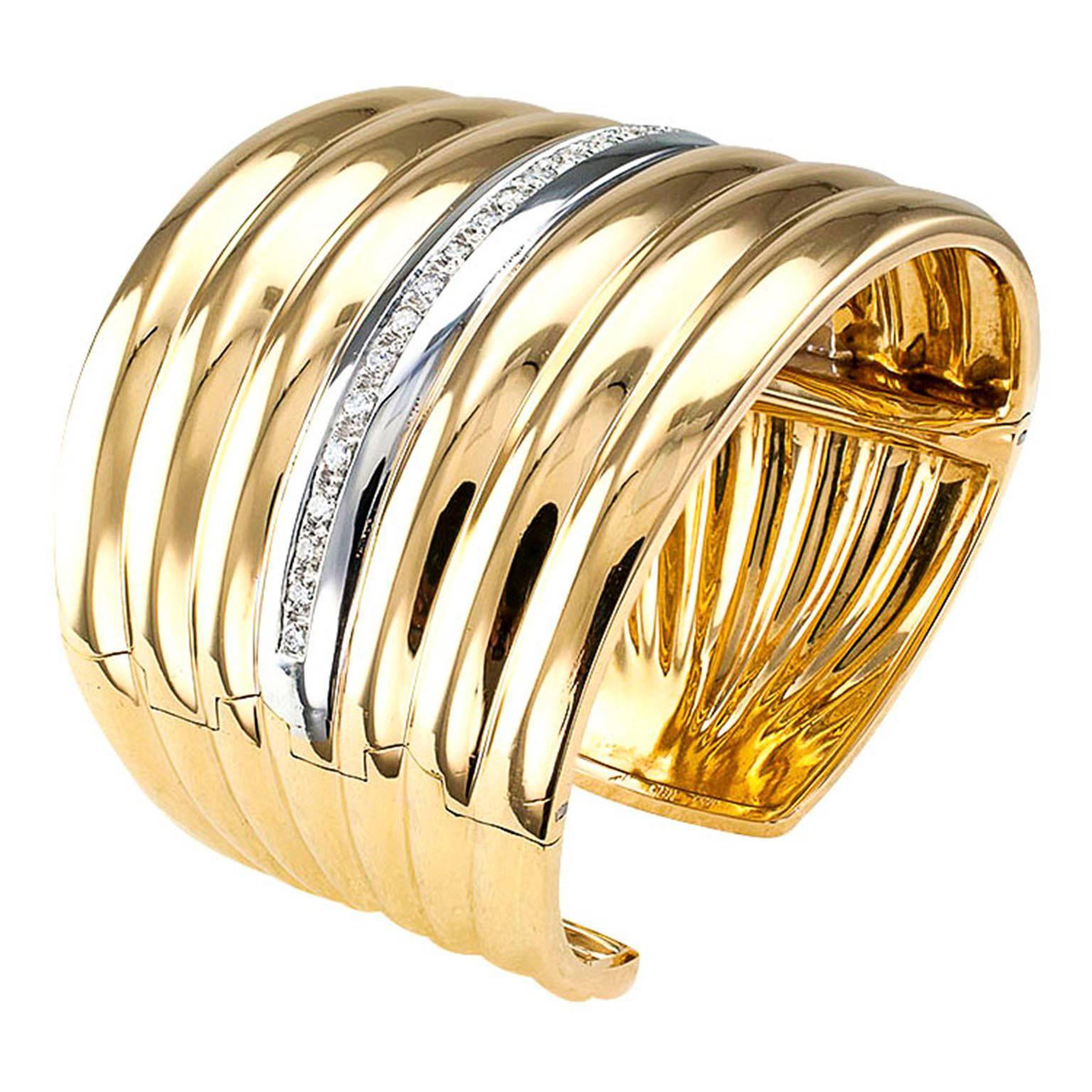 Contemporary Diamond Gold Hinged Cuff Bracelet