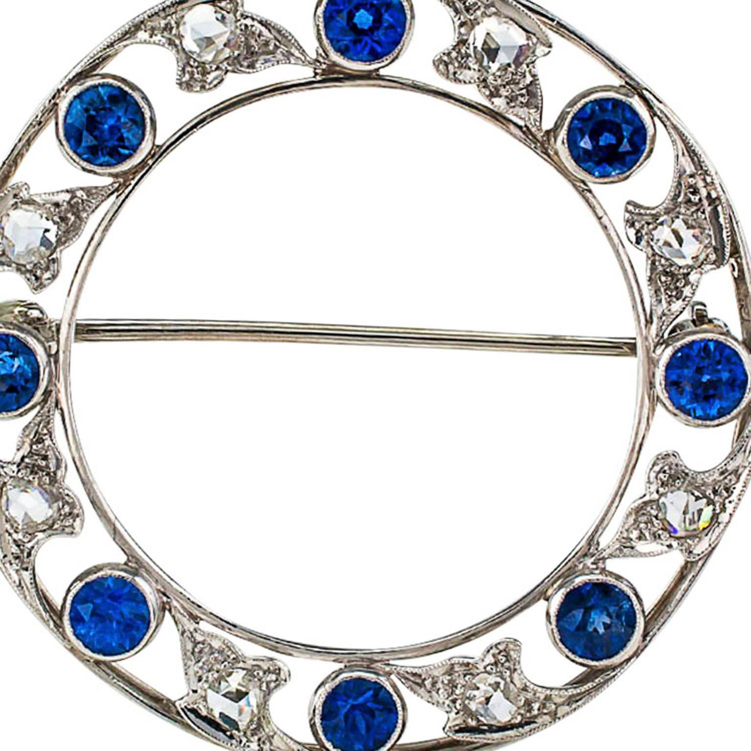 Marcus & Co. Edwardian Sapphire Diamond Platinum Circle Brooch In Excellent Condition In Los Angeles, CA