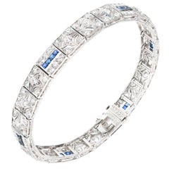 Art Deco Diamond Square Sapphire Hinged Platinum Bracelet