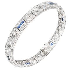 Art Deco Diamond Square Sapphire Hinged Platinum Bracelet 2