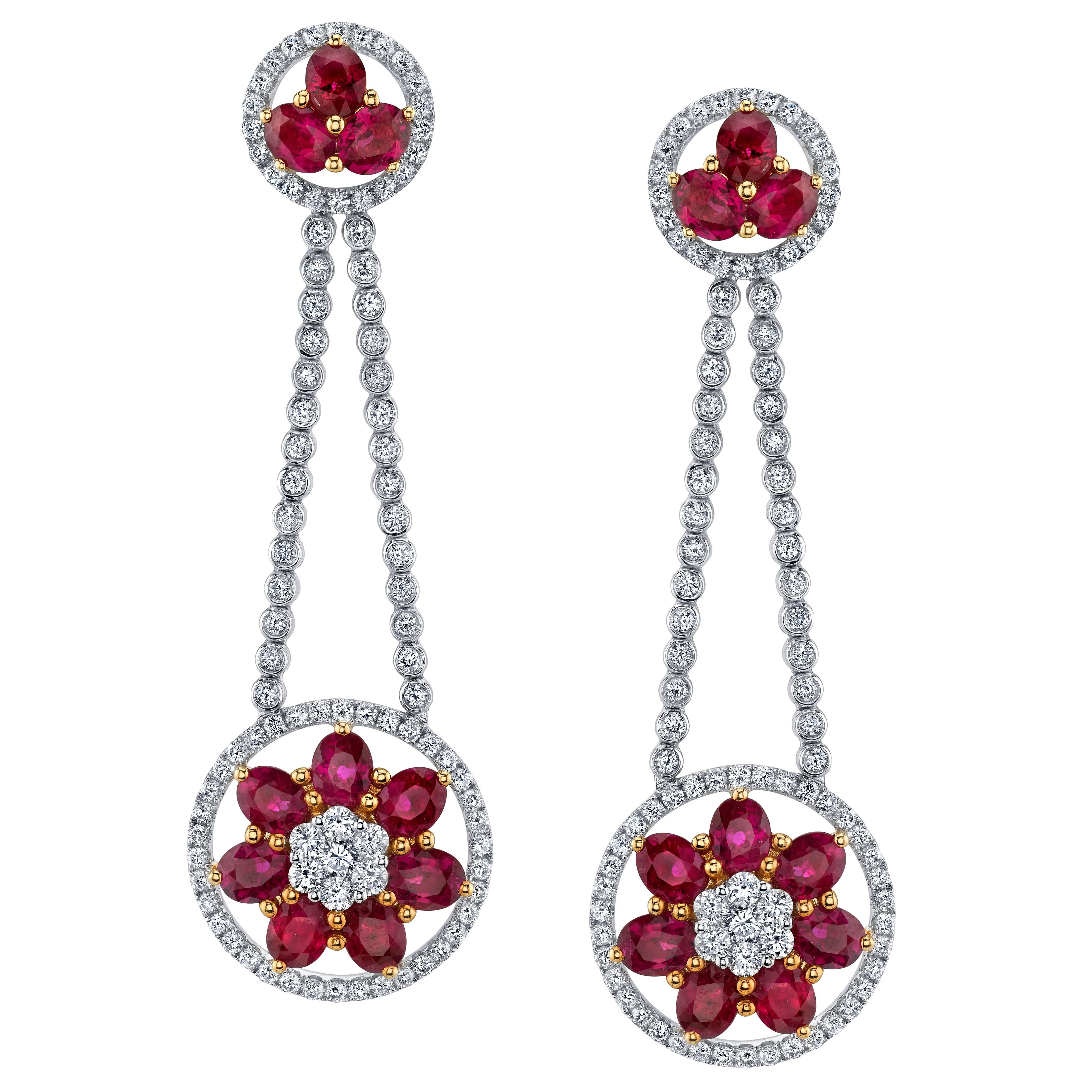Ruby Diamond Gold Flower Cluster Flexible Dangle Earrings For Sale