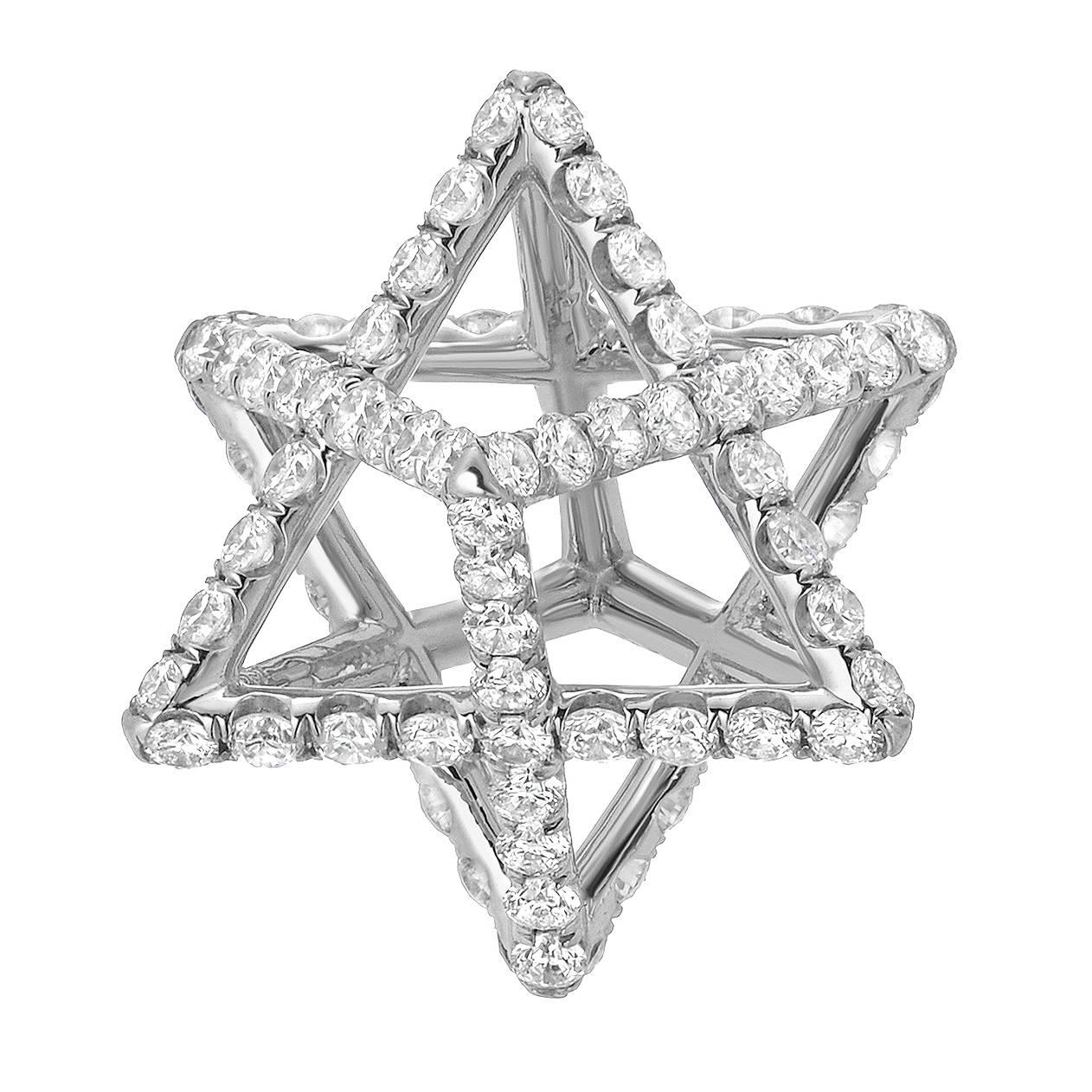 Diamond Necklace - Merkaba star tetrahedron platinum diamond pendant necklace, featuring a total of approximately 1.12 carats of round brilliant diamonds, F-G color and VVS2-VS1 clarity. This heirloom-quality diamond platinum pendant suspends