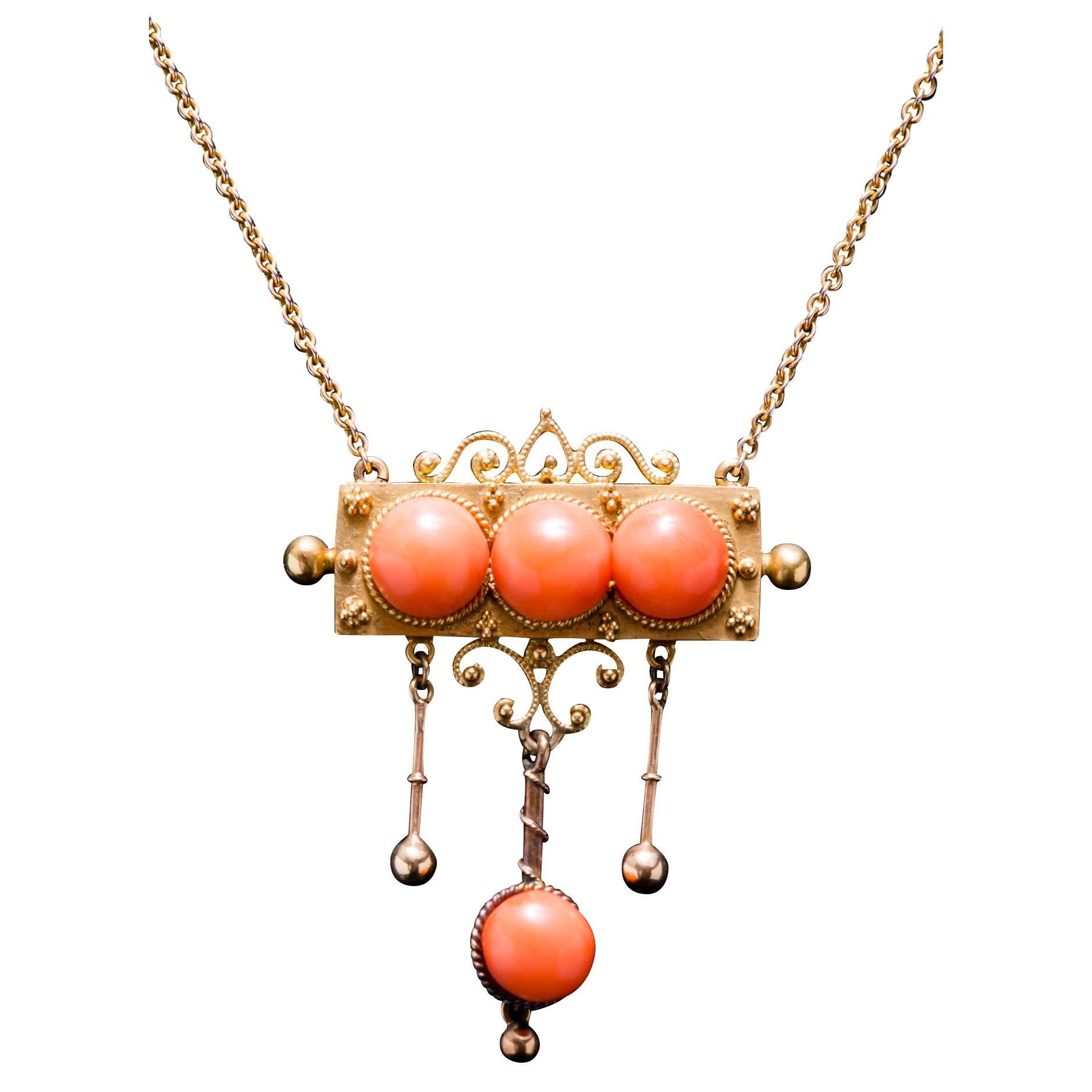 Victorian Angel Skin Coral Gold Etruscan Revival Necklace For Sale