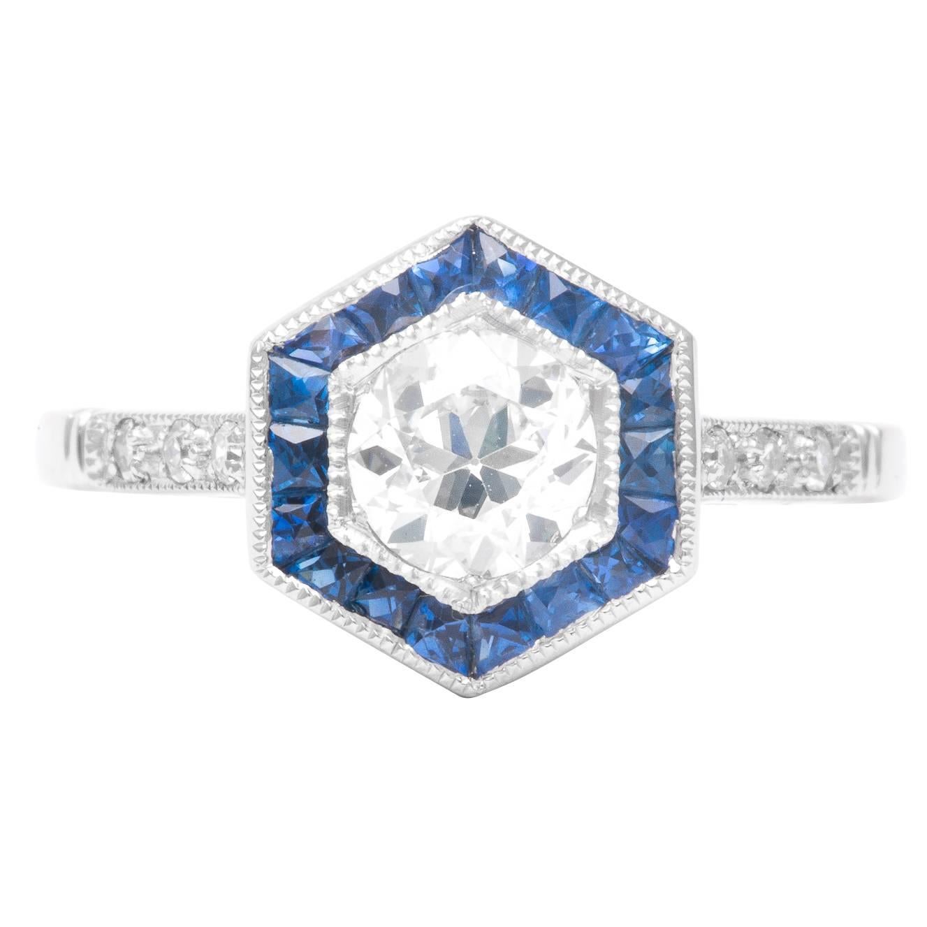 Hexagonal Diamond and Sapphire Platinum Engagement Ring For Sale