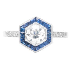Hexagonal Diamond and Sapphire Platinum Engagement Ring