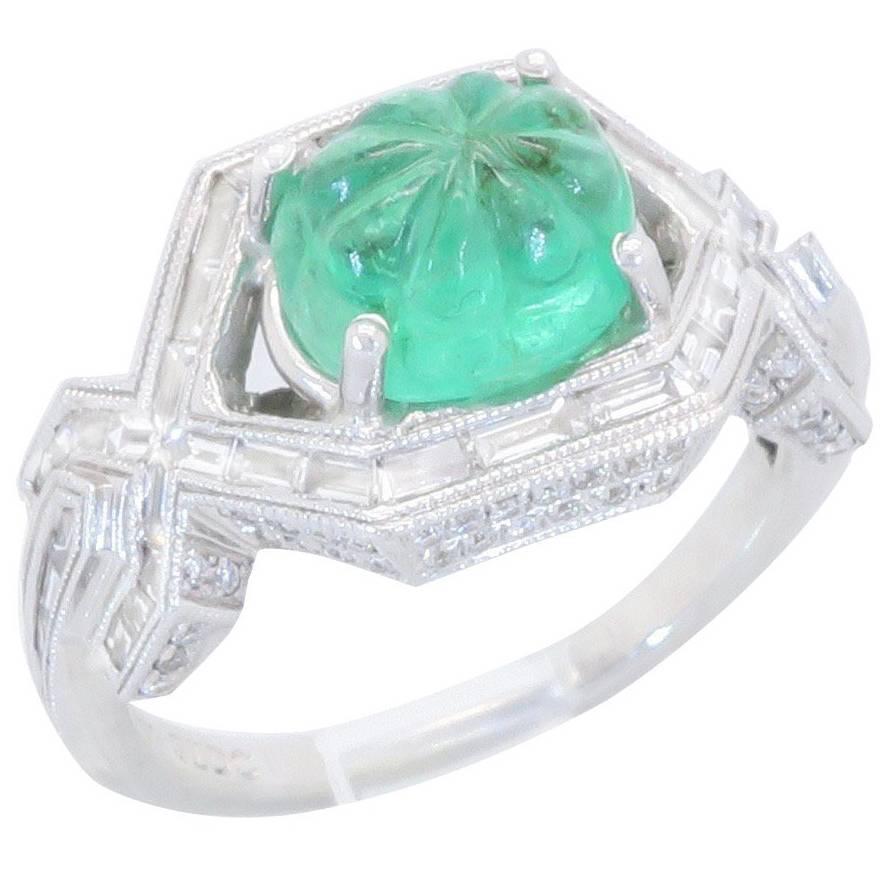 18k White Gold Diamond & Carved Emerald Ring 