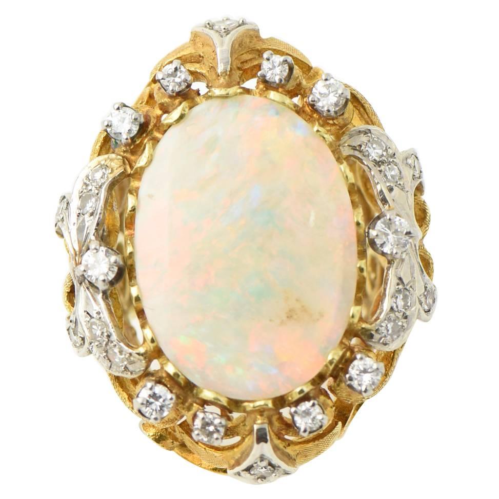 Mid-20th Century Fine Australian Gray Opal Diamond Gold Cocktail Statement Ring