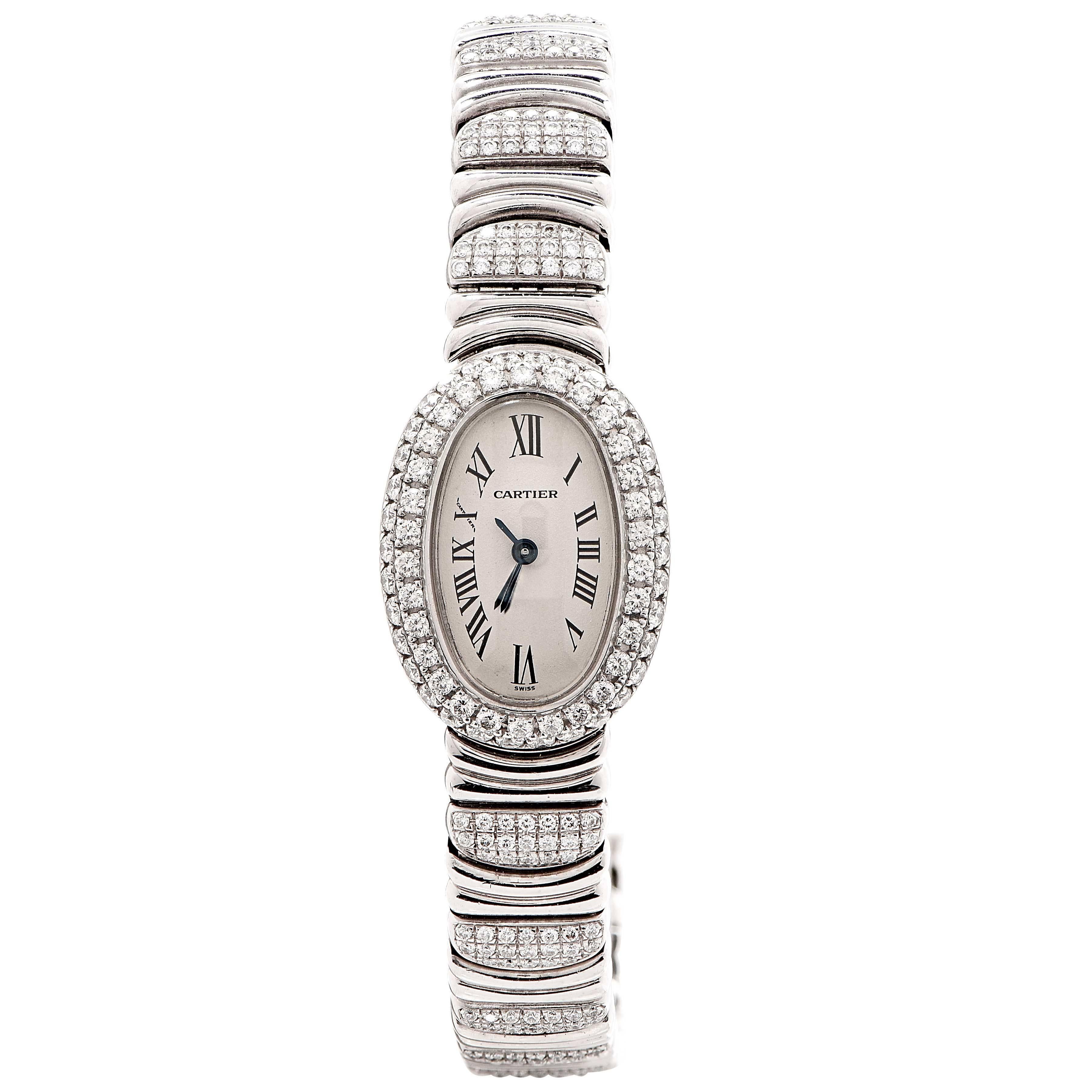 Cartier Montre-bracelet Baignoire pour femme en or blanc avec mini bracelet et quartz et diamants