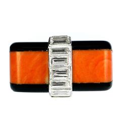 1973 Cartier Coral Onyx Diamond Platinum Ring